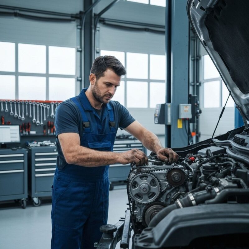 professional mechanic working on car engine timing